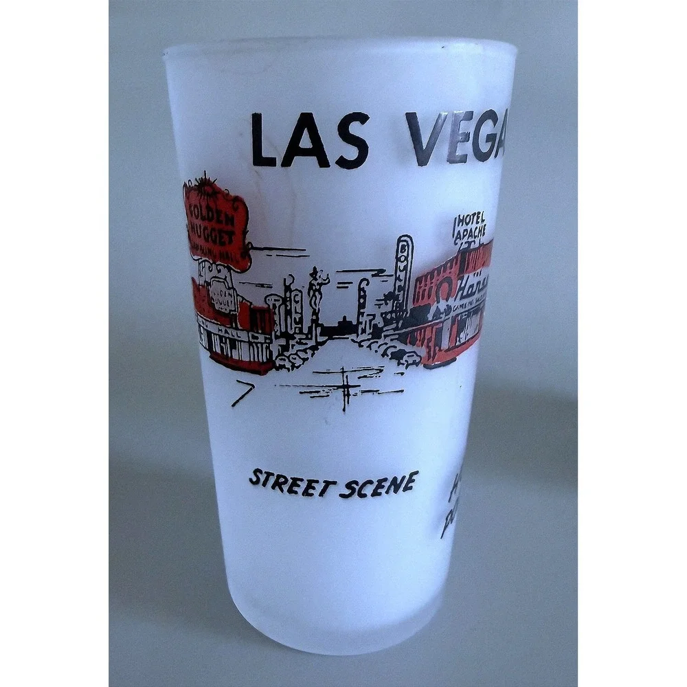 Nevada Vtg 60s Las Vegas & Reno Beverage Frosted Glass Tumblers Enamel Paint 5